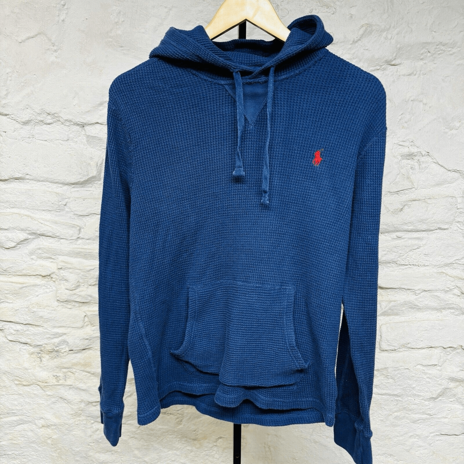 Polo Ralph Lauren felpa con cappuccio blu rosso pony waffle maglia maglione pullover morbido