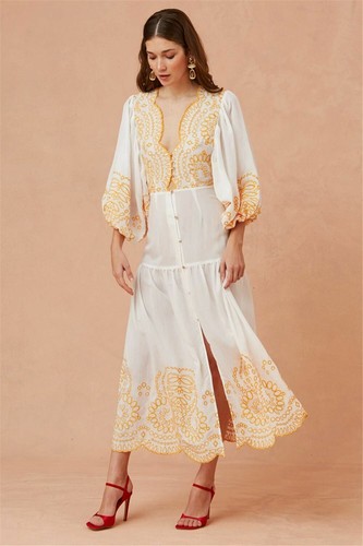 Elegante abito vestito donna morbido lungo bianco oro stile impero manica  4918 | eBay