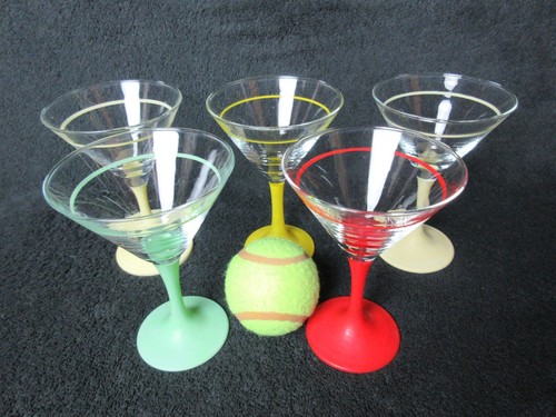 5 Martini Glasses With Colourful Stems/ Bases/ Line Detail: Red, Yellow, Green - Picture 3 of 18