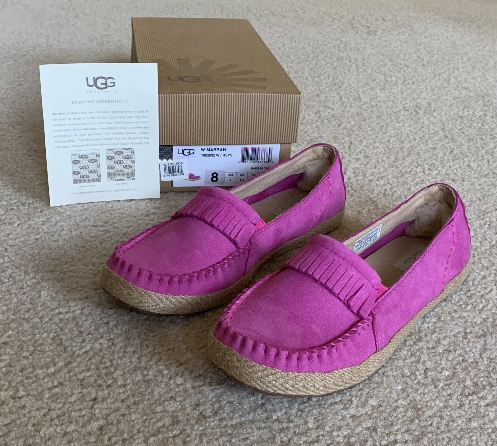 Mocassino nuovo con scatola Ugg Marrah rosa lampone pelle scamosciata espadrillas 1002892 taglia 8