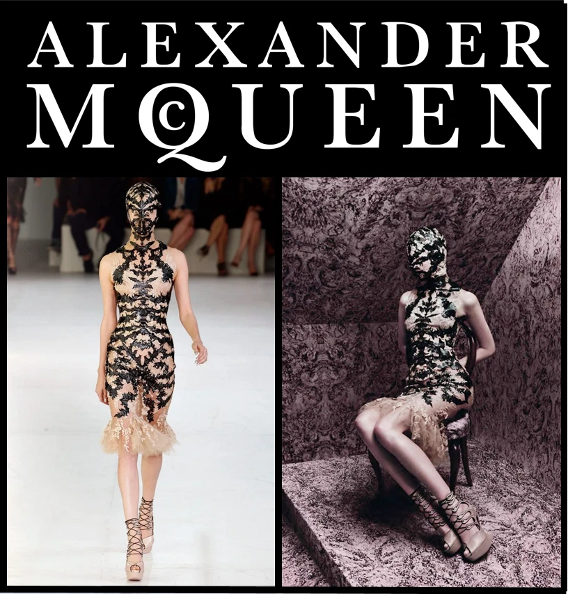 Abito da passerella Alexander McQueen S S 2012 bicolore pizzo colonna vertebrale look #18 US6 IT42