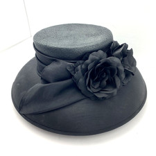 Plaza Suite New York Women Hat Church Derby Black Rose Bow Straw Brim size SM/MD