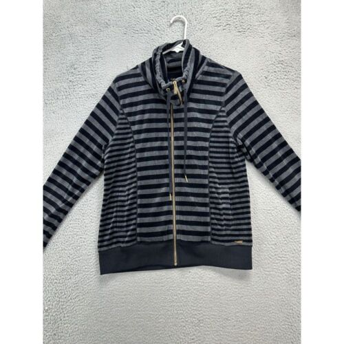 Calvin Klein Sweater Women Medium Black Stripe Velour Velvet Full Zip Drawstring