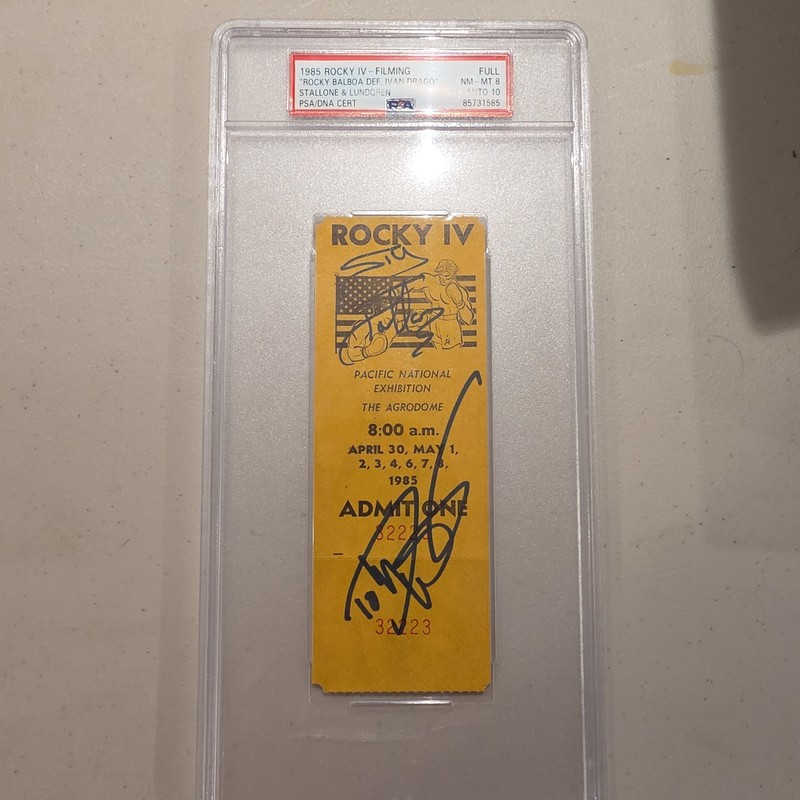1985 ROCKY IV Filming Ticket (PSA 8) & Autos (PSA 10) for Stallone & Lundgren
