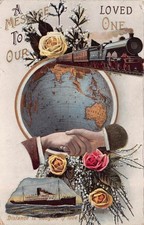 Eine Botschaft an unsere geliebte Eine Welt Globus Zug Schiff Hände Übersee Postkarte
