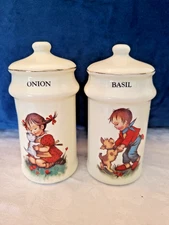 Vintage JSNY ceramic spice shakers Hummel style children Onion & Basil