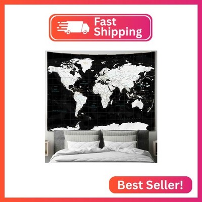 Drgilau World Map Tapestry, Black Map Educational Wall Tapestry Asia Europe Sout