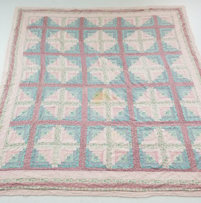 Vintage Handarbeit schönes Blockhaus Patchwork bunt Quilt 91x83 cm