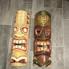 Tiki Tribal Carved Wood Masks Set of 2 Indonesian Totem Hawaiian Wall Hanging