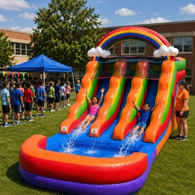 Inflatable Water Slide with Blower 12 ft Commercial Dual Lane Rainbow Kids Pool