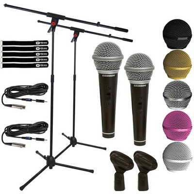 Handheld Dynamic Karaoke Microphone Vocal DJ PA Mic w Stand & Cables 2 Pack