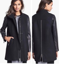 Milly Lamb Leather Sleeved & Wool Swing Jacket Black Size 8 With Accent Zipper