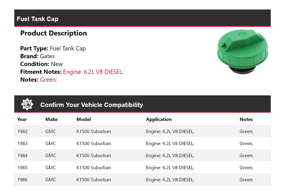 For 1982-1986 GMC K1500 Suburban 6.2L V8 DIESEL Fuel Tank Cap Gates 1983 1984 - Image 2 of 4