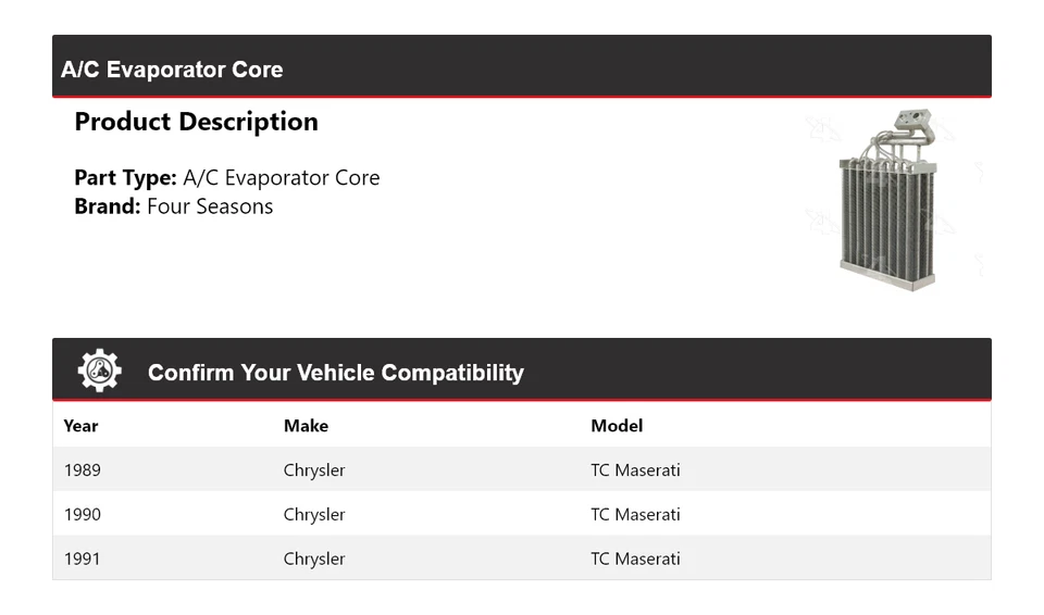 Núcleo evaporador aire acondicionado Chrysler TC Maserati 1989-1991 4 estaciones 1990 Foto 2 de 4
