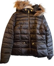 H&m Divided Faux Fur Trim Hooded Quilted Jacket Women’s Black Uk14 Eu42 New