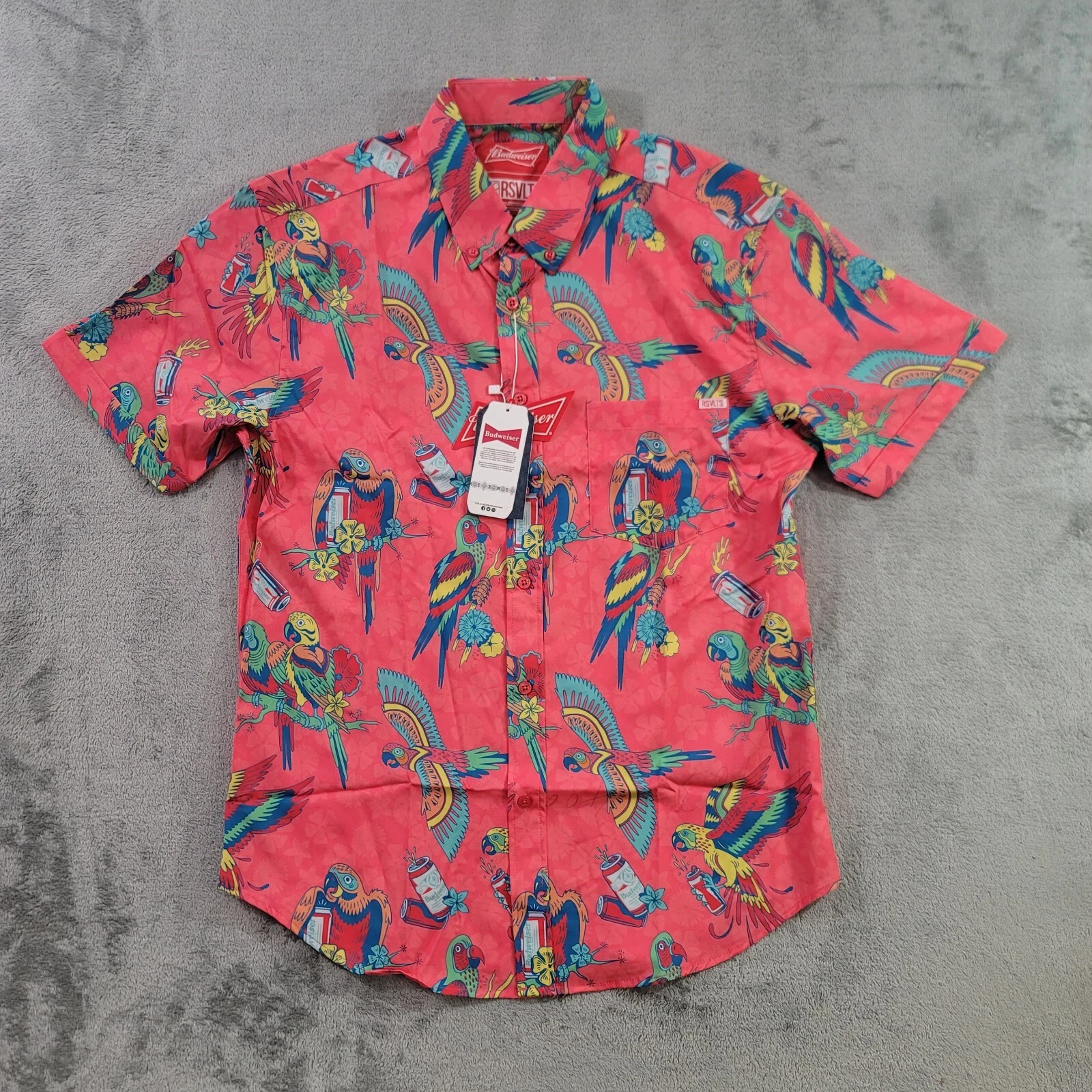 RSVLTS Shirt Mens Size M Polly Wanna Crack A Beer Short Sleeve Button-Down