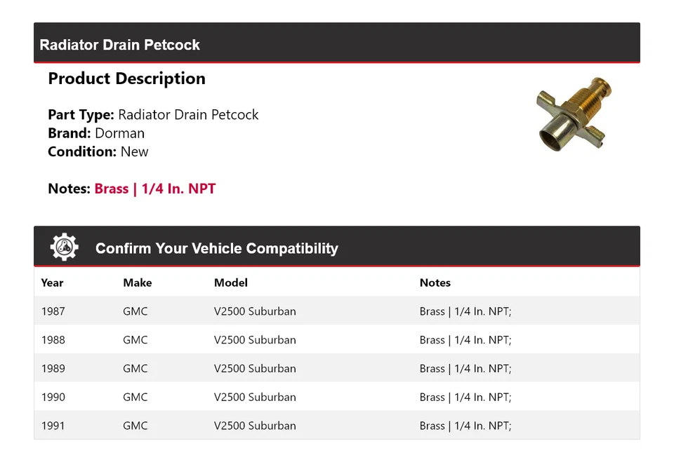 适用于 1987 - 1991 年 GMC V2500 Suburban Dorman 散热器 Drain Petcock 1988 1989 1990 — 第 2/4 张图片