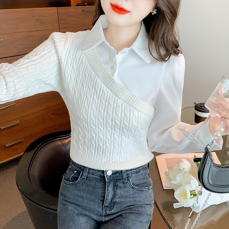 Waist check sling fake two piece splicing long sleeve top  6289