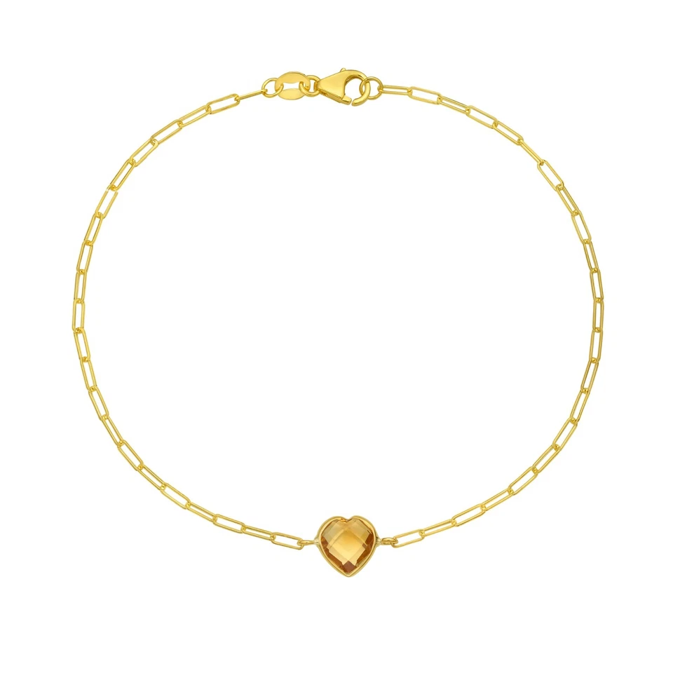 Brazalete de cadena con clip de piedras preciosas corazón citrino de 7" de oro amarillo macizo de 14 k 8,5 mm