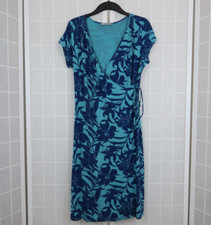 M&S Faux Wrap Dress UK 14 Aqua Blue Floral Print Short Sleeves Side Ties Summer