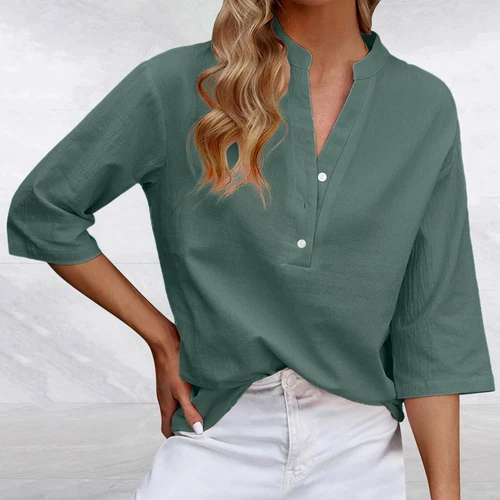 3/4 Sleeve Women's Top Casual Loose Round Neck T Shirt Cute Solid Color Long - Picture 14 of 42