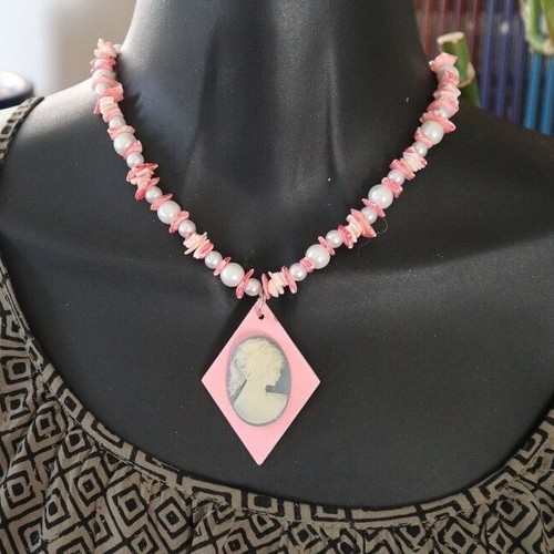 Collar artesanal único declaración Cameo piedra madera cuentas de metal joyería elegante - Imagen 59 de 80