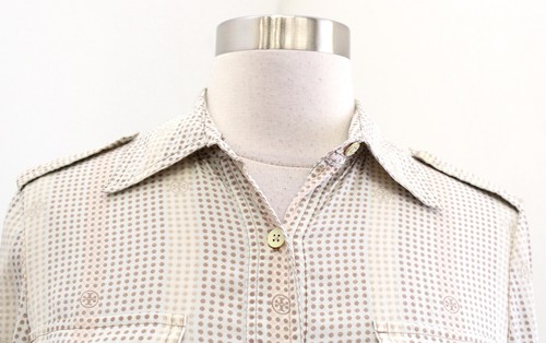 Tory Burch Neutral Logo Striped Silk Button Front Shirt Blouse Size 0 Beige - Picture 2 of 6