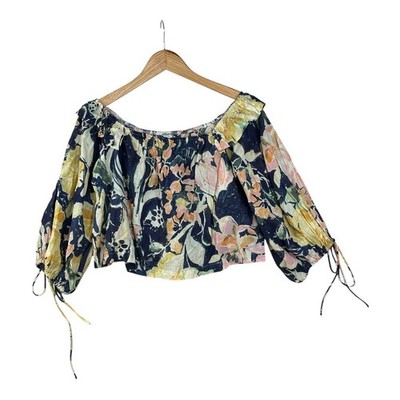 Free People Tropical Print Cropped Long Sleeve Blouse size Medium Multicolor