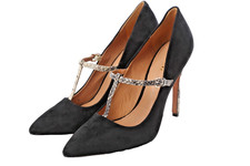 Coach Fulton Black Suede Snake Embossed Leather T-Strap Heels Pumps Size 8.5 B