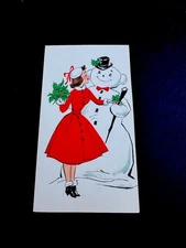 1 VTG MCM Norcross Xmas Greeting Card Young Lady In Red Dress Adoring Snowman ⛄️