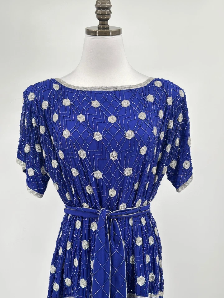 Vestido Midi Judith Ann Creations Vintage Azul Prata Seda Todo Frisado Tamanho M - Imagem 2 de 4