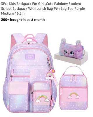 Pikbear Girls Rainbow Backpack 3-piece Set with Lunch Box Pencil Case for Kids