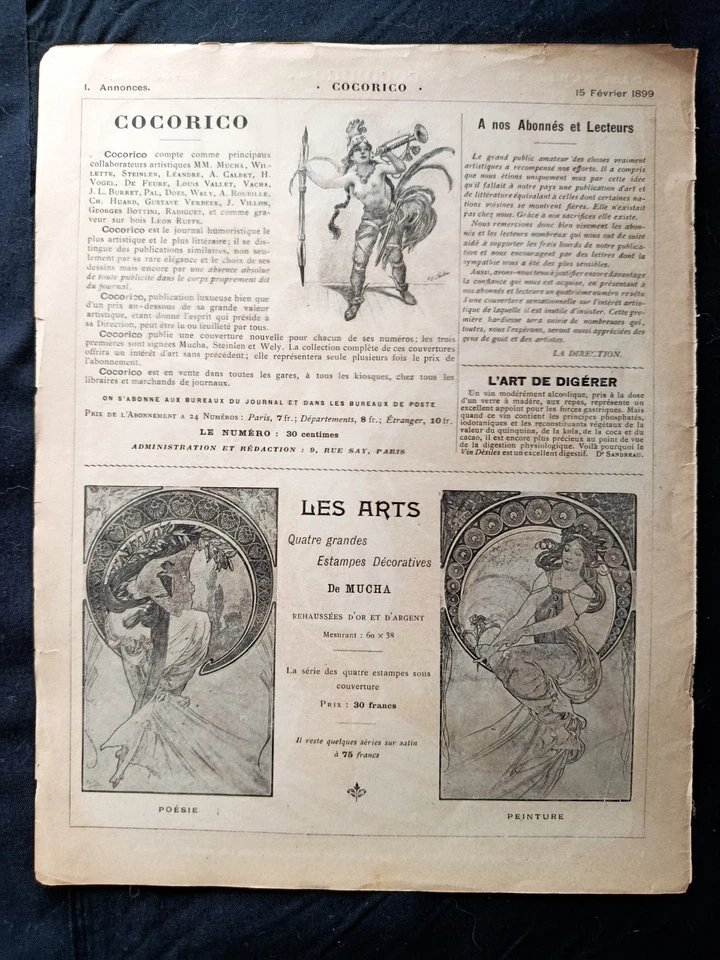 Alphonse MUCHA couverture COCORICO 1899 - Art Nouveau - Portrait féminin fleur - Photo 4/4