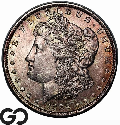 1888 Morgan Silver Dollar Coin, End Of Roll Toner, Gem BU++