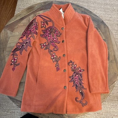 Vtg Bob Mackie Wearable Art Jacket Orange Coat Floral Embroidered Fleece S NWT