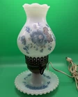 Milk Glass Brass Hurricane Lamp Blue Floral Pattern Vintage 1960s Era Tested