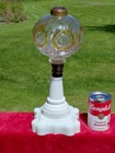 Antique WHALE / KEROSENE OIL LAMP Milk Glass Base GOLD GLASS TRIM FONT BAD THREA