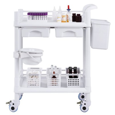 Uimoso 2 Tiers Lab Carts Mobile Medical Cart 2 Trays 2Drawers 3 Trash Cans White