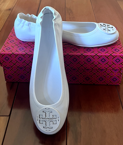TORY BURCH MINNIE TRAVEL BALLET FLAT GARDENIA PATENT LEATHER LOGO SZ US 10 NIB