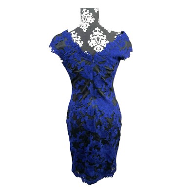 TADASHI SHOJI Dress Women 8P Black Blue Embroidered Lace Cocktail Sheath V  Neck