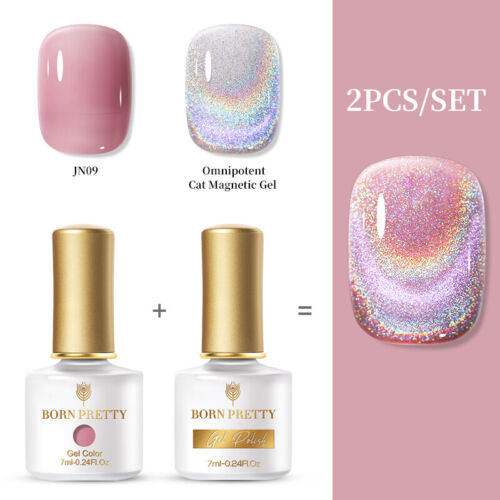 2pcs BORN PRETTY Magnetic Holographic Gel Nail Polish with Jelly Pink Nude Gel