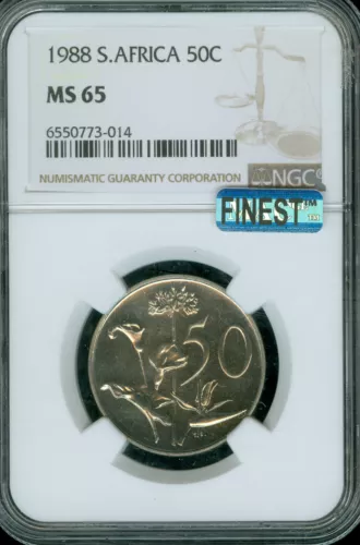 1988 SOUTH AFRICA 50 CENTS NGC MS65 PQ MAC FINEST MAC SPOTLESS *