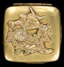 Antique Japanese Small Brass Hinged Trinket Box Pill Box Stamp Box Flowers Birds