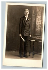 Vintage 1920's RPPC Postcard - Studio Portrait Well Dressed Boy Graduation Photo