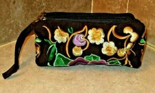 Black Canvas Purple Floral Embroidered 3 Zip Pockets Cosmetic Case NEW  37 