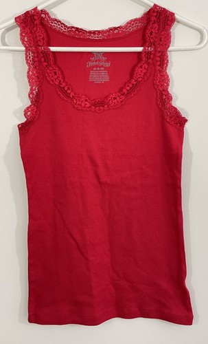 Y2K Faded Glory Lace Trim Tank Top Womens size medium Red ribbed 90s stretch