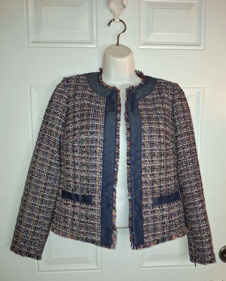 Chaqueta abierta de tweed Ann Taylor para mujer azul denim con flecos dobladillo/puño talla 0 Foto 2 de 4