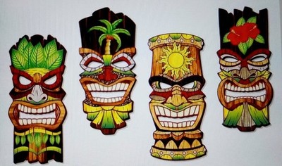 4 RETRO TIKI MASKEN 2D (flach) HOLZ (Schicht) DEKOR ea 29x13cm Neu Funky SET