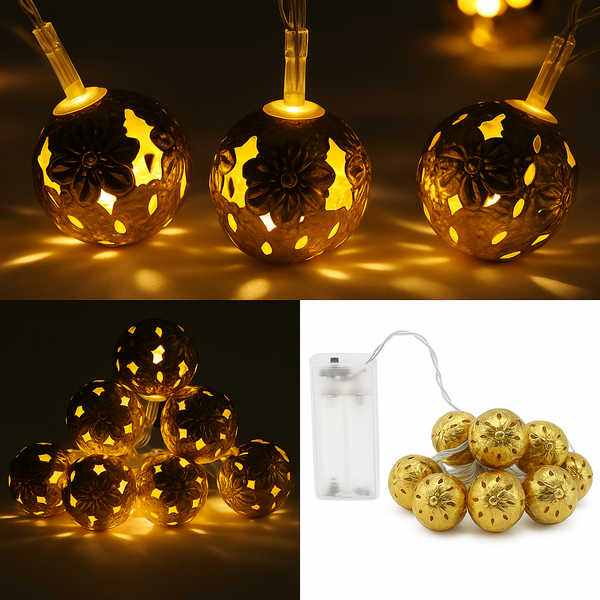 Led Lichterkette 10 Kugeln Gold Warmweiß Batteriebetrieben Weihnachtsbeleuchtung-image