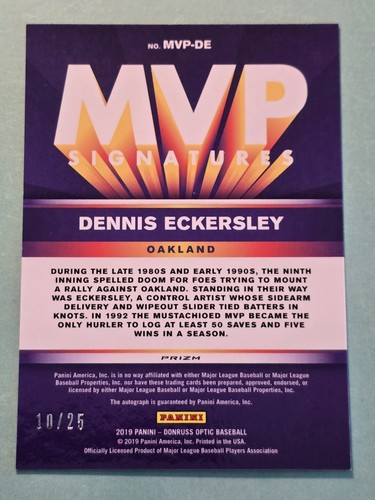 Donruss Optic Dennis Eckersley 2019 MVP Signatures Holo Prizm #/25 automático Oakland - Imagen 2 de 4